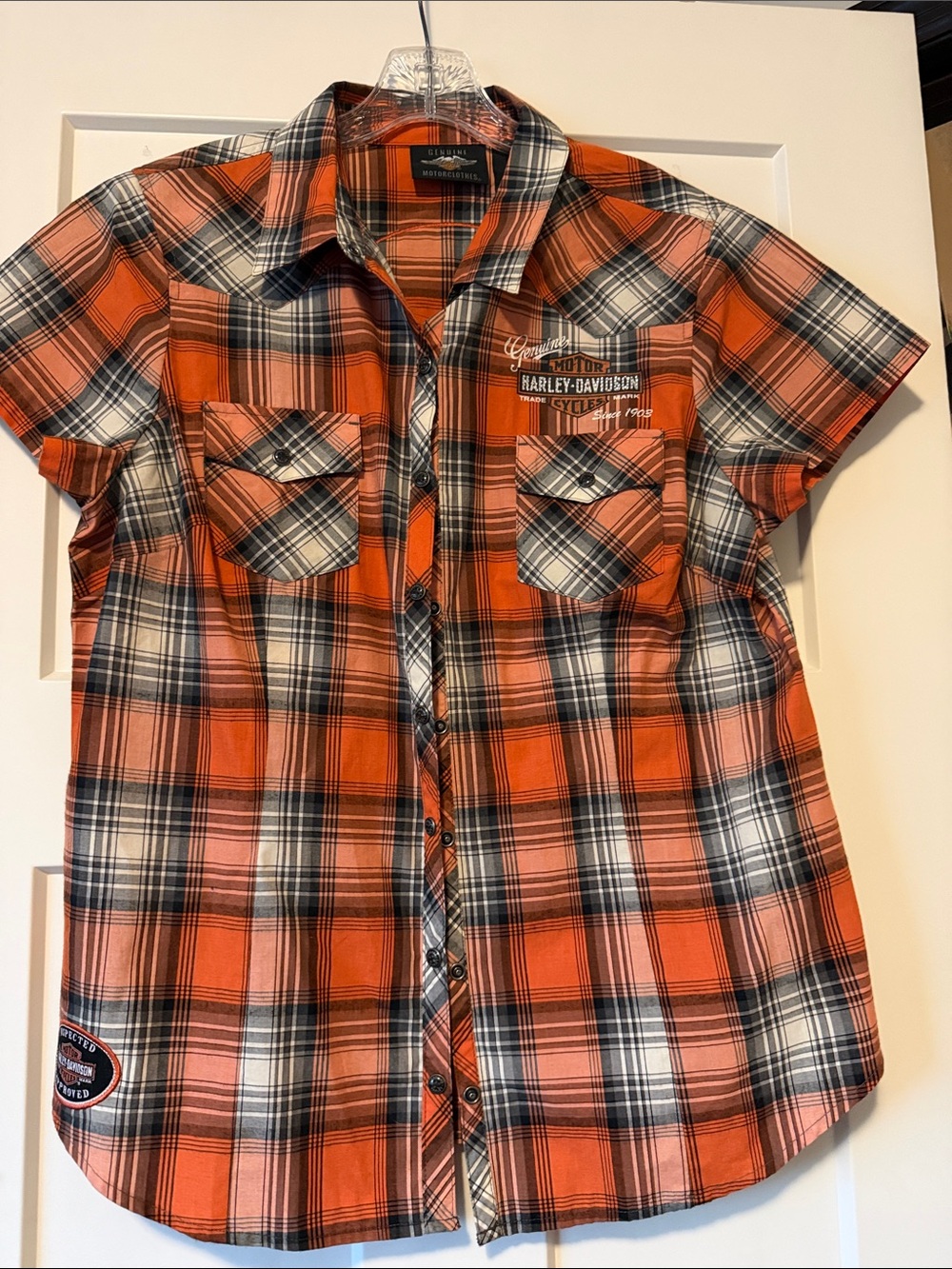 Harley-Davidson Orange and Black Plaid Short-Sleeve Button-Up Shirt